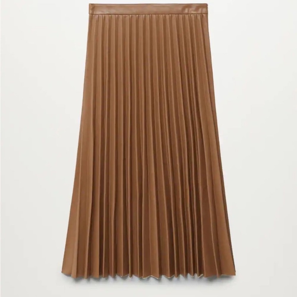Mango Faux Leather Pleated Midi Skirt - Tan